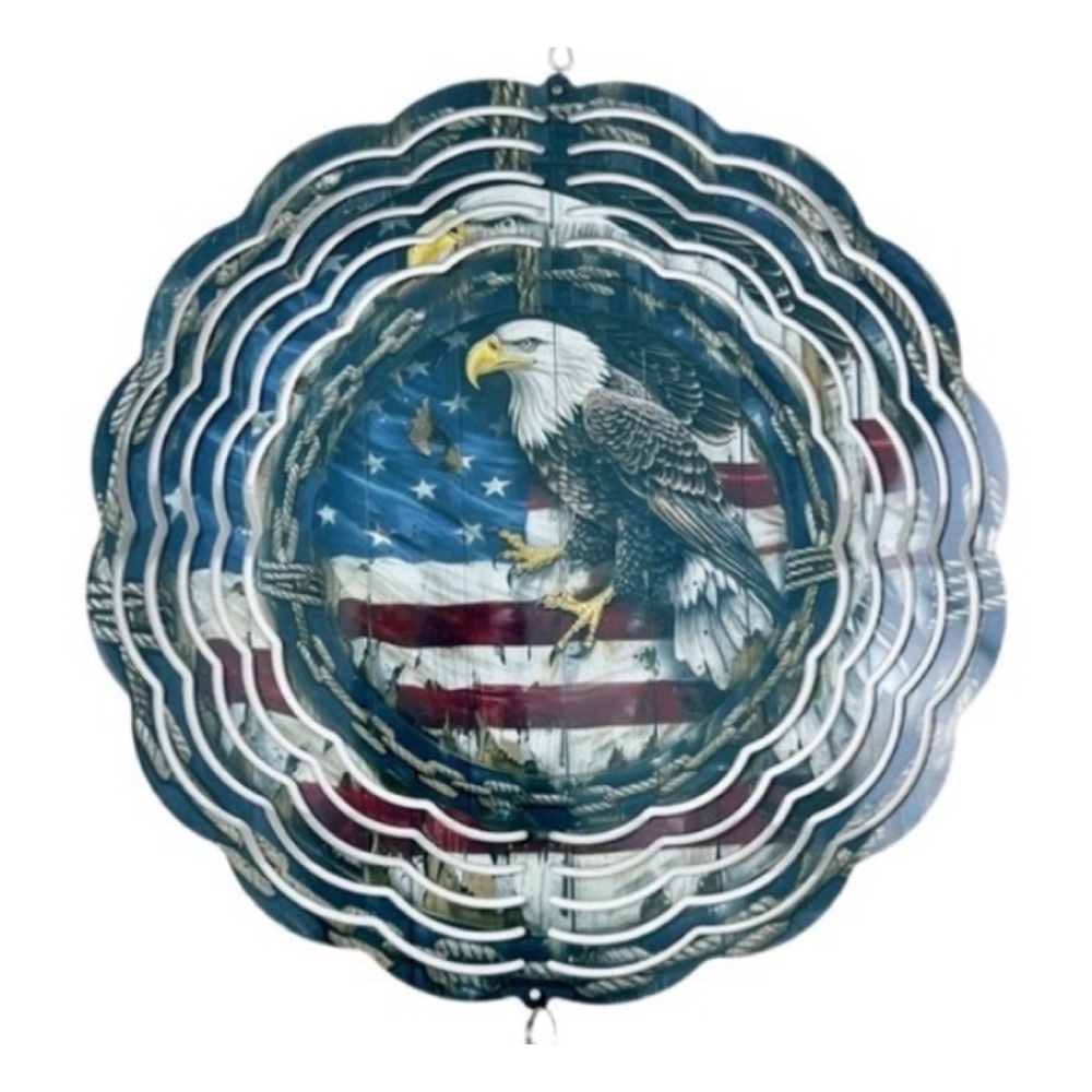 American Flag Bald Eagle Graphic 8 Inch 3D Aluminum Wind Spinner Custom Handmade